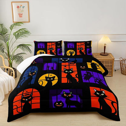 Halloween Black Cat Comforter Set Queen，Queen Size Halloween Bedding Set