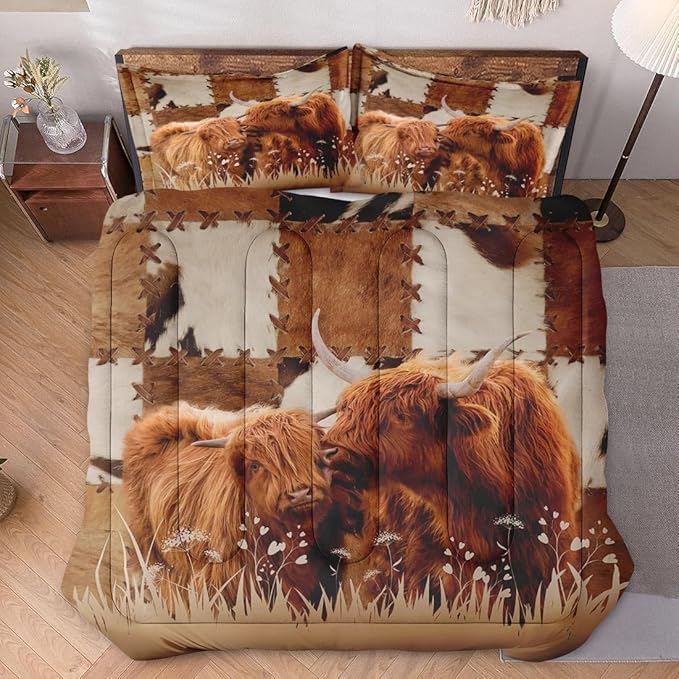 Full Size Comforter Set with 2 Pillowcase, Highland Cow Animal Bull Soft 3 Pcs Bedding for Kids and Adults, Farm Comforter Set for Room Bedroom Bed Decor