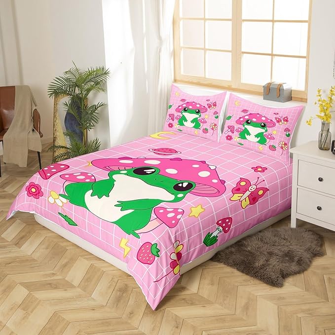 Castle Fairy Cute Mushroom Frog Duvet Cover Set ,Cartoon Kawaii Butterfly Animal Comforter with 2 Pillowcases,Pink Plaid Strawberry Moon Flowers Bedding for Girls Teens,Soft Microfiber,Full 80''x90''