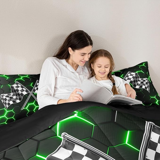 Black White Checkered Flag Bedding Sets Full Size,Neon Green Light Honeycomb Hexagon Comforter Set 3pcs for Kids Boys Teens Men Cool 3D Black Quilted Duvet Race Car Duvet Insert Bedroom Decor