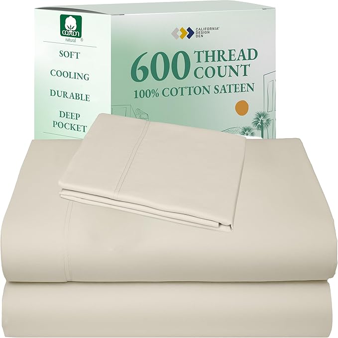 California Design Den Luxury Twin XL Sheet Set - 100% Cotton, 600 Thread Count Deep Pocket XL Twin Sheets, Soft Hotel-Quality Bedding with Sateen Weave - Ivory (Warm Cream)