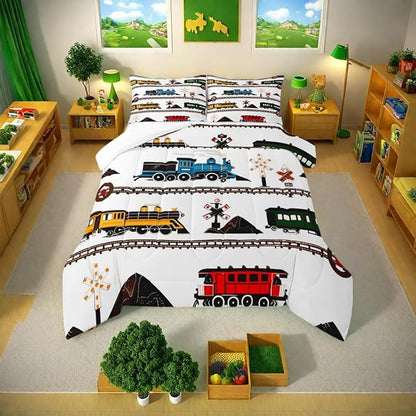 Erosebridal Kids Comforter Set Retro Vintage Train Bedding, Cute Vehicle Printed Colorful Train Comforter for Boys Girls Adults Teens Bedroom Decor All Season King 3 Pieces, 1 Comforter 2 Pillowcases