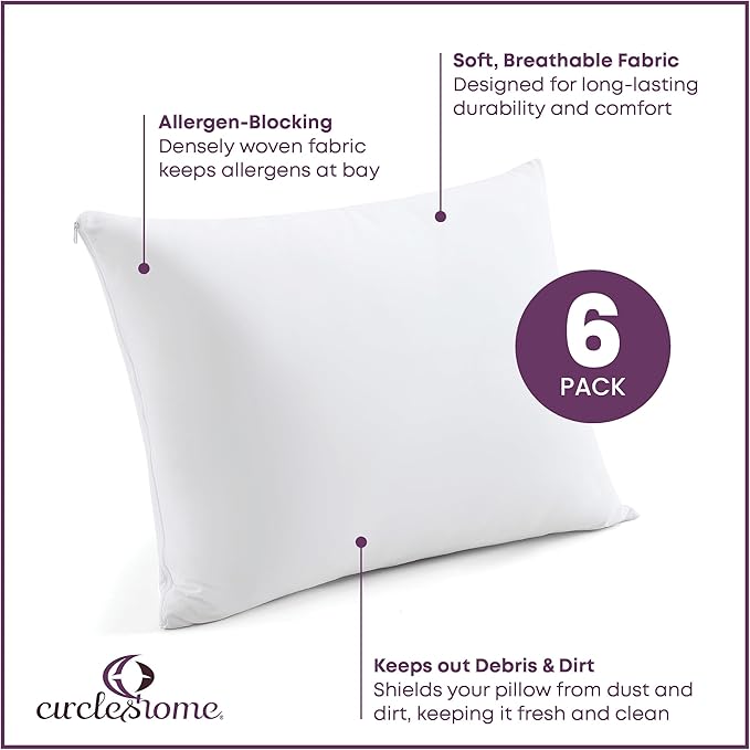 CirclesHome Pillow Protectors 6 Pack King Zippered - 100% Cotton Breathable Pillowcases - Protects Pillows from Dirt, Dust and Debris (King - Set of 6 - 20x36)