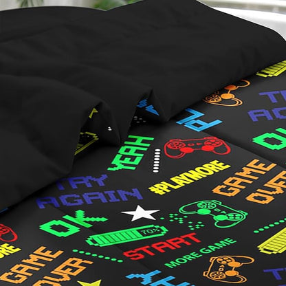 Comforter Set Queen Size, Retro Computer Gamepad 7 Pcs Bedding for Kids and Adults, Cartoon Video Game Bed Sheet Sets with Fitted Sheet 2 Pillowcases & 2 Shams for Bedroom Bed Decor