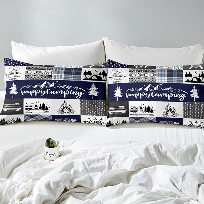 Camping Adventure Duvet Cover Set King Size for Teens,RV Camper Accessories for Travel Trailers Comforter Cover with 2 Pillowcases,Rustic Blue Plaid Boho Aztec Exotic Microfiber Bedding Quilt Cover