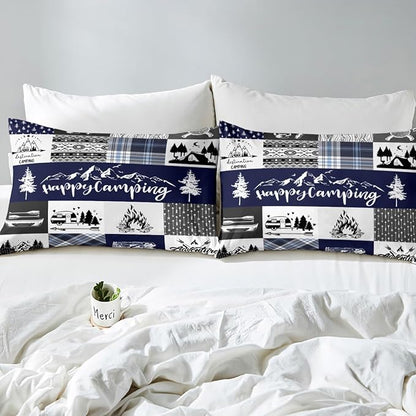 Happy Camping Bedding Set Twin Size,RV Camper Adventure Tent Patchwork Comforter Cover Set for Kids Girls,Farm Lake Cabin Arrow Hunt Blue Check Bedding Quilt Cover Set Bedroom Decor, 2 Pcs