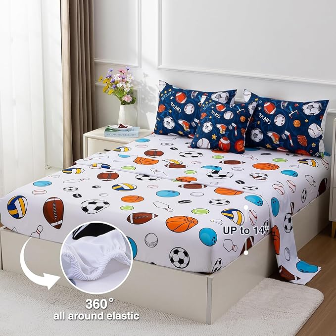 A Nice Night 6Pcs Bed in A Bag Queen Sports Microfiber Modern Comforter Set,Navy Rugby Ball Printed Bedding Collections,for Boys Kids Teen
