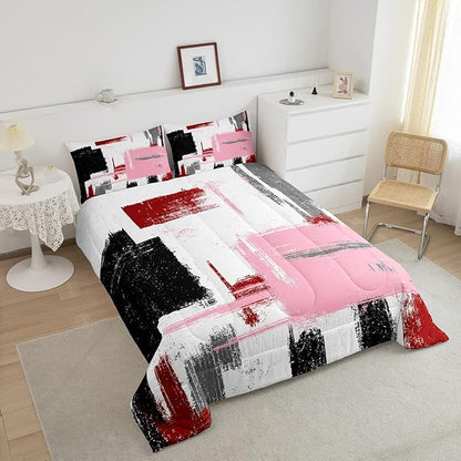 Feelyou Abstract Bedding Set Comforter Set for Kids Boys Girls Teens Room Decor Modern Abstract Art Comforter Black Red White Pink Duvet Set 3Pcs Queen Size