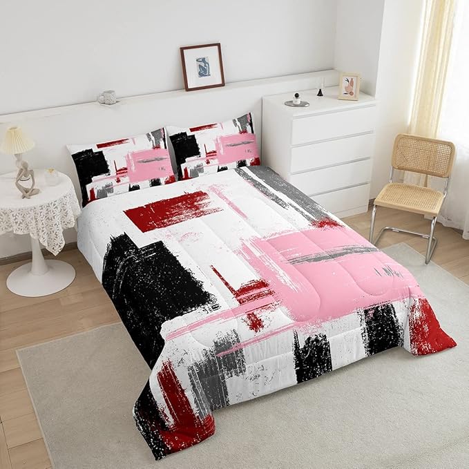 Feelyou Abstract Bedding Set Comforter Set for Kids Boys Girls Teens Room Decor Modern Abstract Art Comforter Black Red White Pink Duvet Set 3Pcs King Size