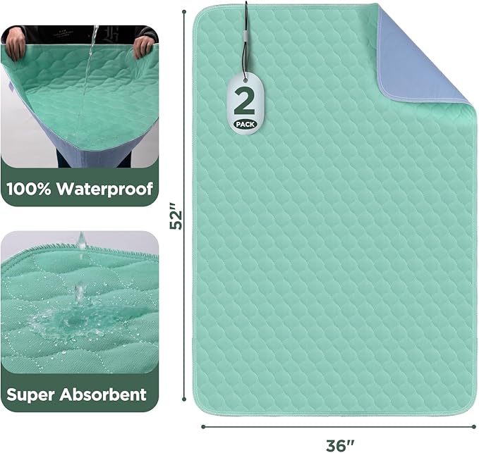 Hide Stains Bed Pads Washable Waterproof for Incontinence, 4-Layer Absorbency Pee Pads, Washable Underpad, Bed Wetting Pad for Elderly, Adults, Pets, 36"x52"-2 Pack, Green