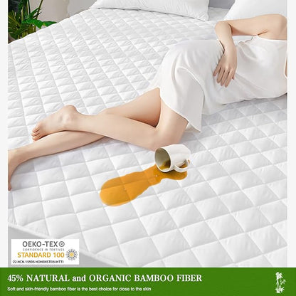 UNILIBRA Queen Mattress Pad Waterproof Rayon Made from Bamboo, Fitted Deep Pocket Mattress Cover fits 6''-25'', Breathable Quilted Mattress Protector, White