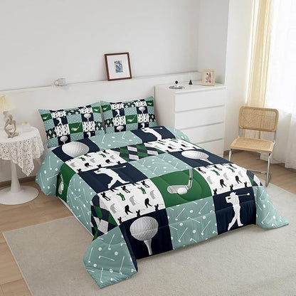 Golf Comforter Set Full Size Geometric Patchwork Plaid Quilt Set Modern Ball Sports Gaming Bedding Set 3pcs for Men Adults Teens Room Decor Green White Duvet Insert with 2 Pillowcases
