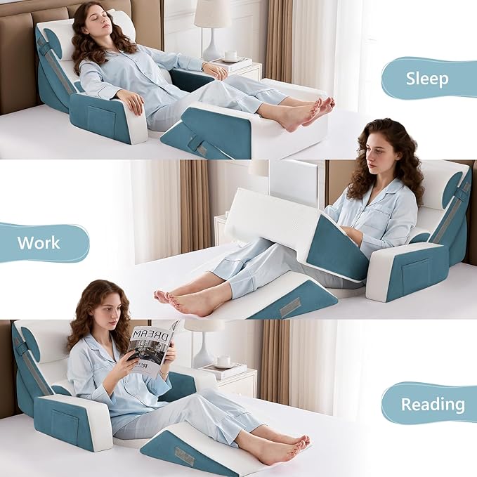 Yojoker 9PCS Orthopedic Bed Wedge Pillow Set for Sleeping, Back and Leg Pain Relief, Post Surgery Foam Pillow for Body, Triangle Adjustable Support Pillow - Acid Reflux Sleeping Pillows Navy
