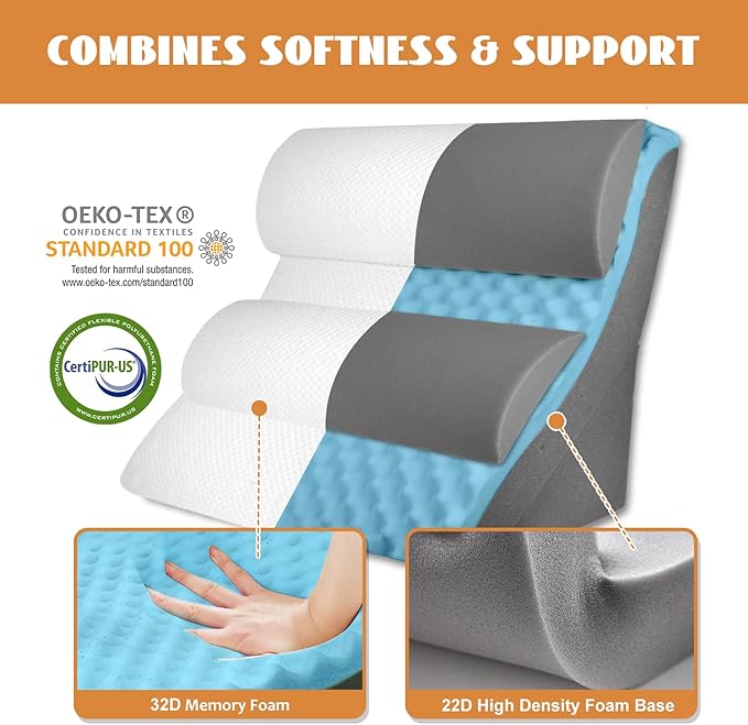 4PCS Orthopedic Bed Wedge Pillow Set, Adjustable Curve Memory Foam Wedge Pillow, Pillow Wedges for Post Surgery, Back Pain Relief, Triangle Pillows for Acid Reflux, Snoring, GERD, White/Grey
