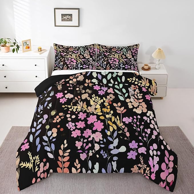 Erosebridal Colorful Floral Comforter Set King Size,Cute Boho Pink Flower Bedding Set for Kids Girls Bedroom Decor,Watercolor Wild Flowers Quilt Bed Set Bohemian Wildflower Bed Comforter Set 3Pcs