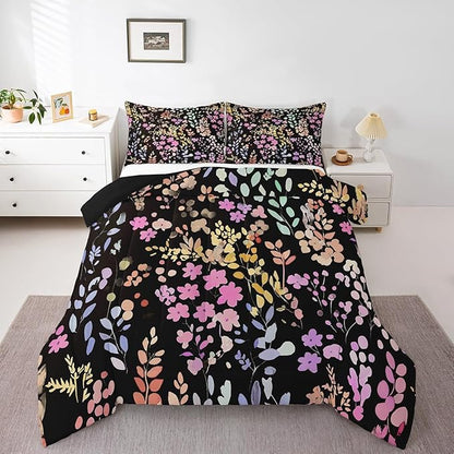 Erosebridal Colorful Floral Comforter Set Queen Size,Cute Boho Pink Flower Bedding Set for Kids Girls Bedroom Decor,Watercolor Wild Flowers Quilt Bed Set Bohemian Wildflower Bed Comforter Set 3Pcs