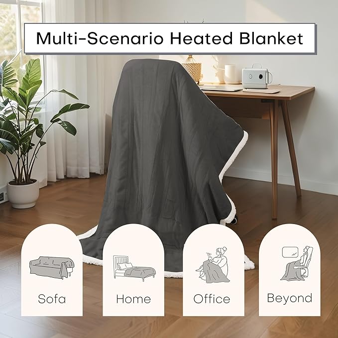 Electric Heated Blanket Throw Size 50"x60" - Dual-Sided with Microplush & Sherpa Fabric, 4 Heat Settings & 3 Hours Auto Off, Machine Washable - Iron Gray