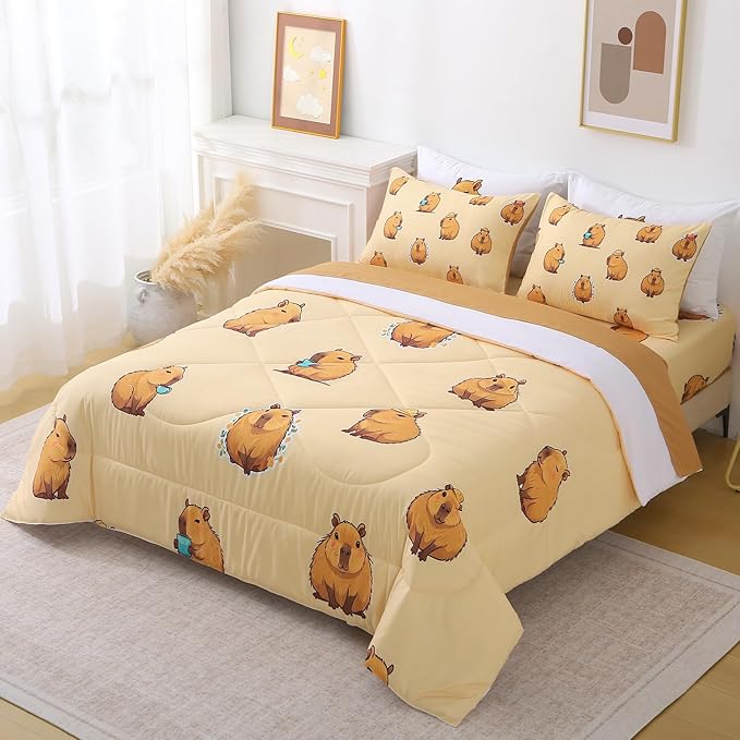 Wajade Capybara Comforter Set 7 Piece Cute Brown Animal Bedding Set Capybara for Boys Girls Room Decoration Queen Size with Sheet and 2 Pillowcases 2 Pillow Shams Cute Bed in a Bag as Birthday Gift