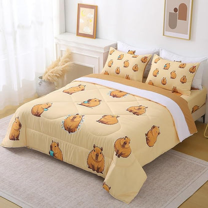 Wajade Capybara Comforter Set 7 Piece Cute Brown Animal Bedding Set Capybara for Boys Girls Room Decoration Queen Size with Sheet and 2 Pillowcases 2 Pillow Shams Cute Bed in a Bag as Birthday Gift