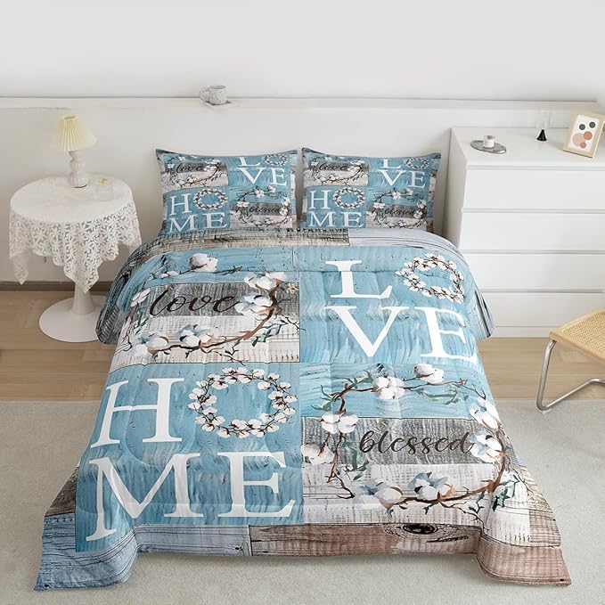Rustic Farmhouse Comforter Set Queen Size Blue White Patchwork Wooden Board Quilt Set Cotton Flowers Bedding Set for Kids Women Youth Family Home Decor Botanical Floral Duvet Insert 3pcs