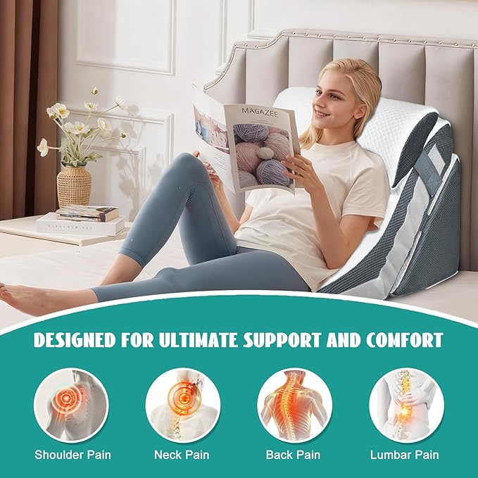 3PCS Wedge Pillow Set for After Surgery, Wedge Pillow for Acid Reflux Relief, Adjustable 9&12inch for Headboard, Orthopedic Memory Foam for Neck&Back Support, White/Grey