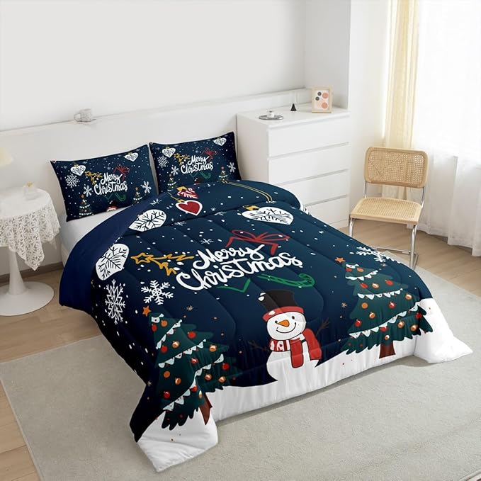 Erosebridal Snowflake Comforter Set for Kids Boys Girls,Cartoon Snowman Bedding Full,Merry Christmas Comforter Sets,Winter Xmas Tree Stars Duvet Insert with 2 Pillowcases