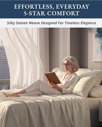 100% Egyptian Cotton Queen Size Bed Sheet set - Naturally Breathable & Durable Winter Comfort Queen Bed Sheets Set, Ultra-Soft Hotel Luxury Comfort with 15" Deep Pocket, Silky Sateen Weave - Ivory