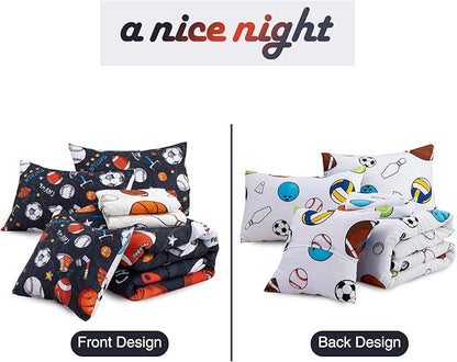 A Nice Night 6Pcs Bed in A Bag Full Sports Microfiber Modern Comforter Set,Gray Rugby Ball Printed Bedding Collections,for Boys Kids Teen