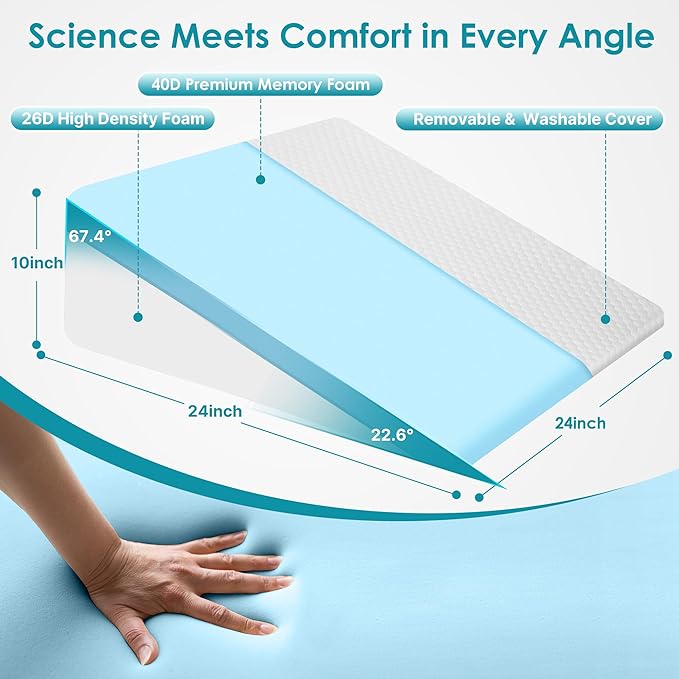 Sleeping Bed Wedge Pillow for Adults Seniors, 10 inch Cooling Memory Foam Incline Pillow Wedge for Head, Neck & Back Support and Leg Elevation, Removable Washable Cover, White