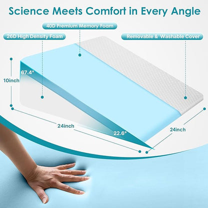 Sleeping Bed Wedge Pillow for Adults Seniors, 10 inch Cooling Memory Foam Incline Pillow Wedge for Head, Neck & Back Support and Leg Elevation, Removable Washable Cover, White