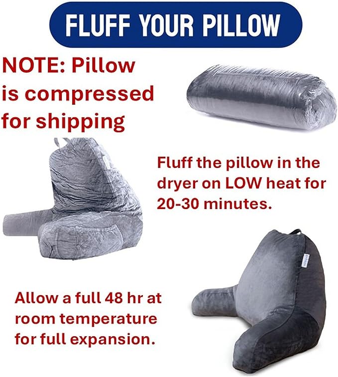 ComfortSpa Reading Pillow for Bed Adult Size, Back Rest Pillow with Arms, Pockets and Washable Cover; Use as a Back Pillow for Bed Sitting Up for Bedrest or Relief from GERD Heartburn (Large Grey)