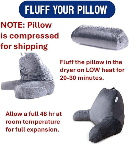 ComfortSpa Reading Pillow for Bed Adult Size, Back Rest Pillow with Arms, Pockets and Washable Cover; Use as a Back Pillow for Bed Sitting Up for Bedrest or Relief from GERD Heartburn (Large Grey)