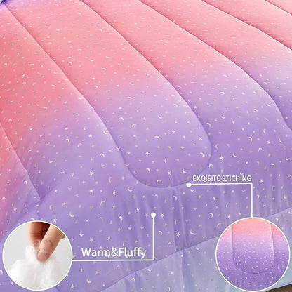 Yogeneg Pink Glitter Rainbow Kids Comforter Sets Full/Queen Size for Teen Girl &Boys Women,Metallic Printed Comforter with 2 Pillowcase, Microfiber 3 Piece Bedding Set,All Season(Rainbow A, Queen)