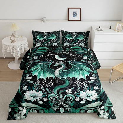 Feelyou Kids Dragon Comforter Set King Size, Green Dragon Bedding Set Dragon Lovers Comforter for Kids Boys Girls Boho Duvet Insert Room Decor 3Pcs