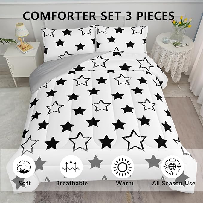 Axolotl Kids Full Bedding Comforter Set,3Pcs Super Cute Soft Black and White Stars Quilt Set Bed in A Bag with 1 Comforter 2 Pillowcases for Kids Boys Girls Teens Adults Room Decor All Season