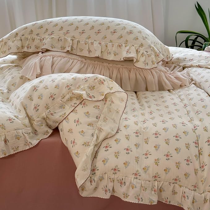 BuLuTu Cotton Muslin Kids Duvet Cover Set Twin Size, Shabby Chic Azalea Floral Comforter Cover with Ruffles, Kids Teens Girls Boys Bedding Set, Soft Lightweight Quilt Cover with 2 Pillowcases