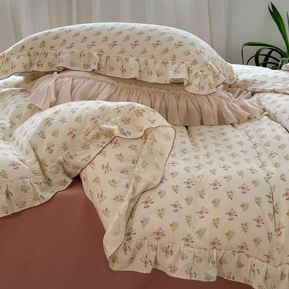 BuLuTu Cotton Muslin Kids Duvet Cover Set Twin Size, Shabby Chic Azalea Floral Comforter Cover with Ruffles, Kids Teens Girls Boys Bedding Set, Soft Lightweight Quilt Cover with 2 Pillowcases
