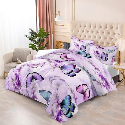 Lavender Butterfly Comforter Set for Girl Kid Adult Colorful Butterfly Pattern Bedding Set Aesthetics Butterflies Quilt Bed Set Twin Size with 1 Comforter and 2 Pillowcases