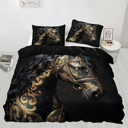 Black Horse Duvet Cover Oversized King Ancient Warhorses Bedding Set Bedroom Decor Retro Golden Pattern Comforter Cover and 2 Pillow Sham with Zipper Closure