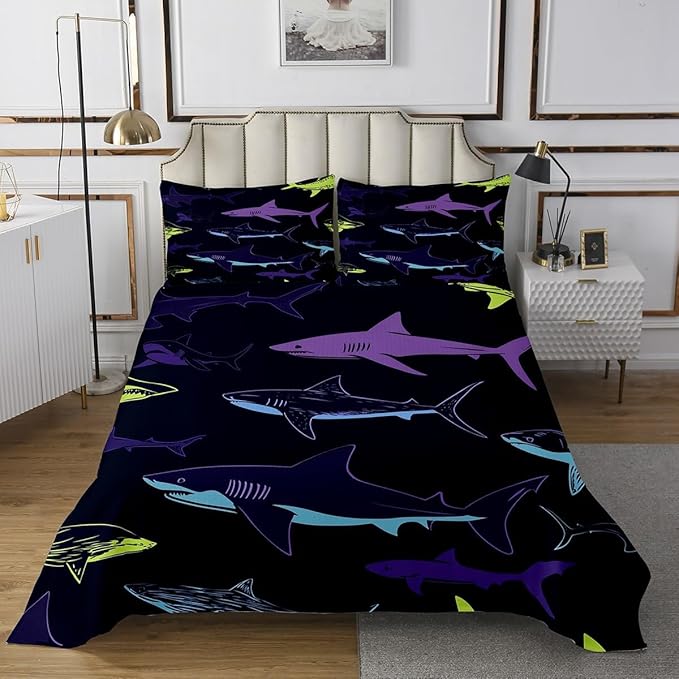 Erosebridal Shark Coverlet Set Cartoon Shark Bedspread Quilt Set Sea Animal Bedspread for Kids Girls Boys, Soft Microfiber Quilted Decorative 2 Pieces Twin Size, Dark Navy