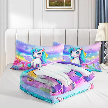 Kid Unicorn Comforter Set Twin Size 3Pcs Butterfly Rainbow Flower Star Pattern Quilt Bedding Set for Boys Girls with 1 Comforter and 2 Pillowcases