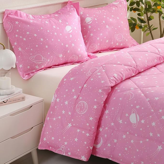 JSD Gradient Pink Stars Kids Comforter Set Queen Size, 3 Piece Space Theme Girls Printed Microfiber Bedding Set, Machine Washable
