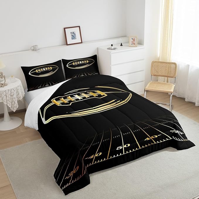 Feelyou Football Bedding Set Toddler Kids Rugby Sports Comforter Set American Football Comforter Set for Boys Golden Black Room Decor Lightweight Quilt Set with 1 Pillow Case