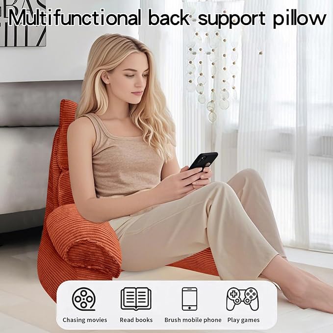 RRPAHWTV Reading Pillow for Bed with High Arm Rests,Back Support Pillow for Sitting Up in Bed with Shredded Memory Foam for Reading, TV, Gaming or Relaxing on Floor（Bright Orange，Large）