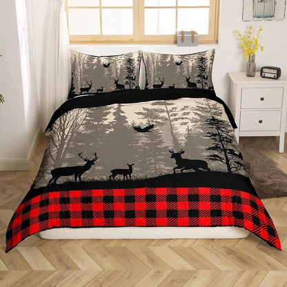 Castle Fairy Deer Trees Silhouette Full Size Duvet Cover Set,Retro Red Black Check Plaid Duvet Cover for Girls Teens Decorative Bedroom,Rustic Bird Moon Print Polyester Quilt Cover with 2 Pillowcases