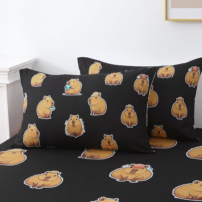 Wajade Capybara Comforter Set 7 Piece Cute Black Animal Bedding Set Capybara for Boys Girls Room Decoration Queen Size with Sheet and 2 Pillowcases 2 Pillow Shams Cute Bed in a Bag as Birthday Gift