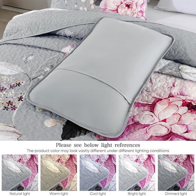 Drucon Floral Quilt King Size - 3 Pieces Grey Quilt Botanical Bedspread Soft Lightweight Flower Bedding Set for All Season (104"x90")