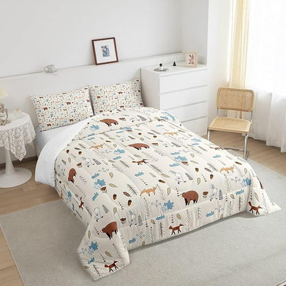 Kids Bear Fox Comforter Set Full Size Cartoon Rabbit Pine Trees Bedding Set 3Pcs,Girls Boys Teens Jungle Adventure Hunt Animals Quilt Set Room Decor Rustic Beige Duvet Insert,2 Pillowcases