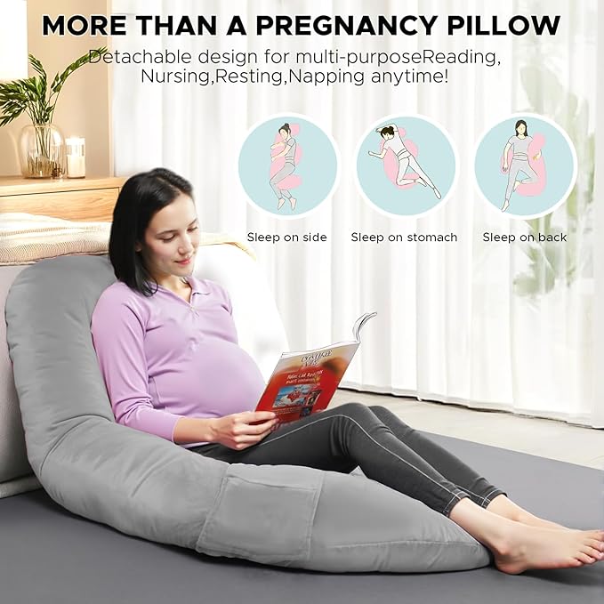 Pregnancy Pillows for Sleeping, E Shaped Maternity Pillow for Pregnant Women with Adjustable Wedge Pillow, 48 Inch Full Body Memory Foam Pillow for Side Sleeping with Washable Cover, Grey Velvet