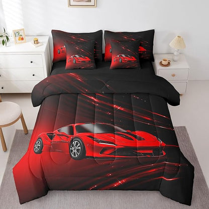 Feelyou Boys Red Race Car 7 Piece Bedding Set King Size Speed Sports Car Comforter Set with Sheets for Kids Teens Adult Fast and Furious Bed in a Bag Red Ombre Bed Set